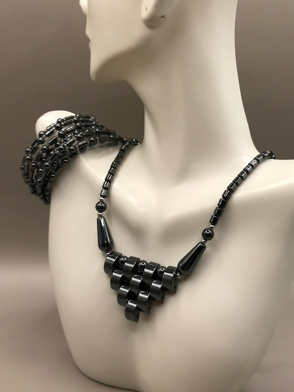Hematite Geometric Bead Necklace & Bracelet in Gunmetal - Picture 3 of 7